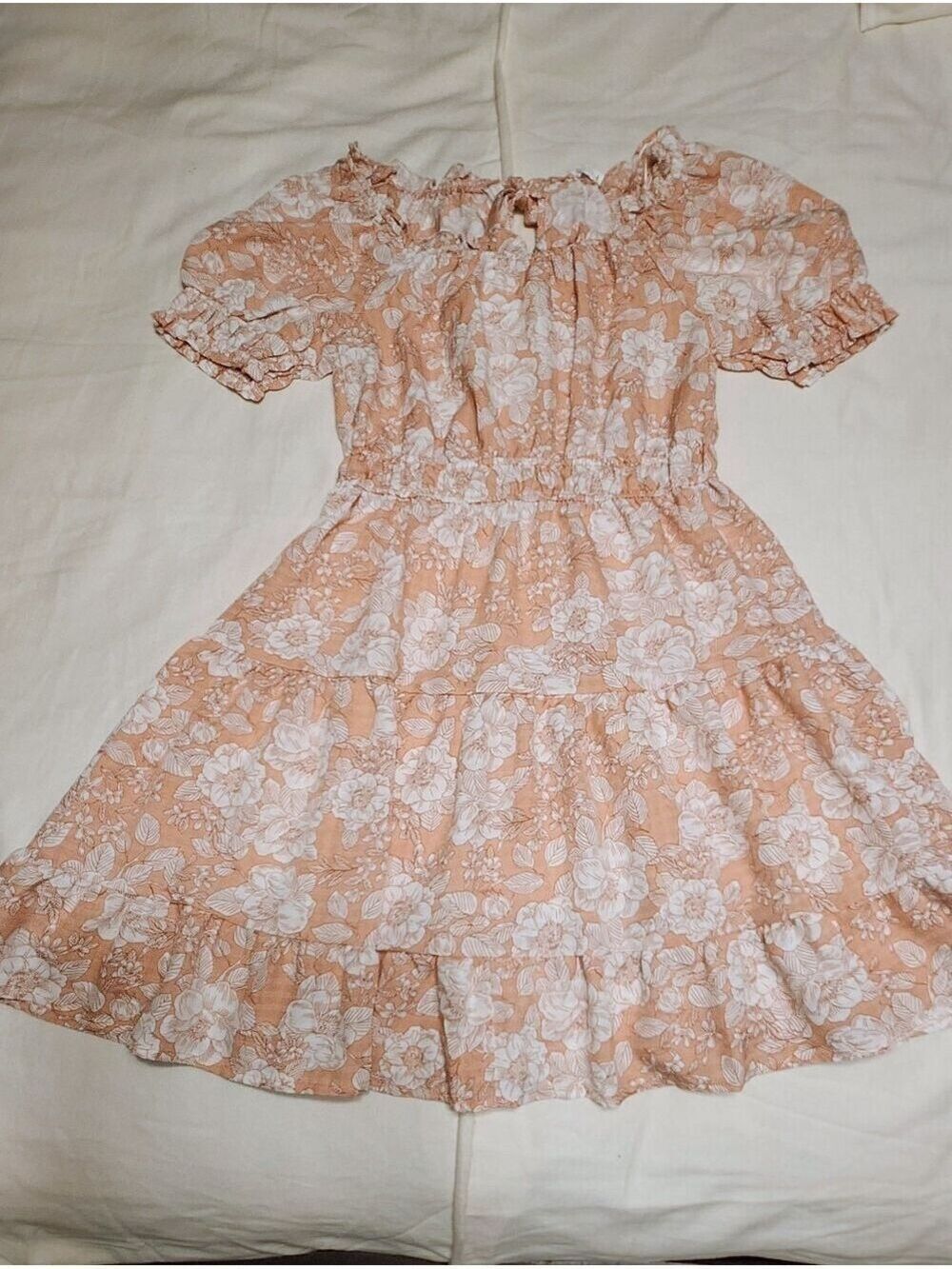 Blu Pepper Mini Dress Peach White Floral Puff Sleeve Medium - Picture 7 of 9